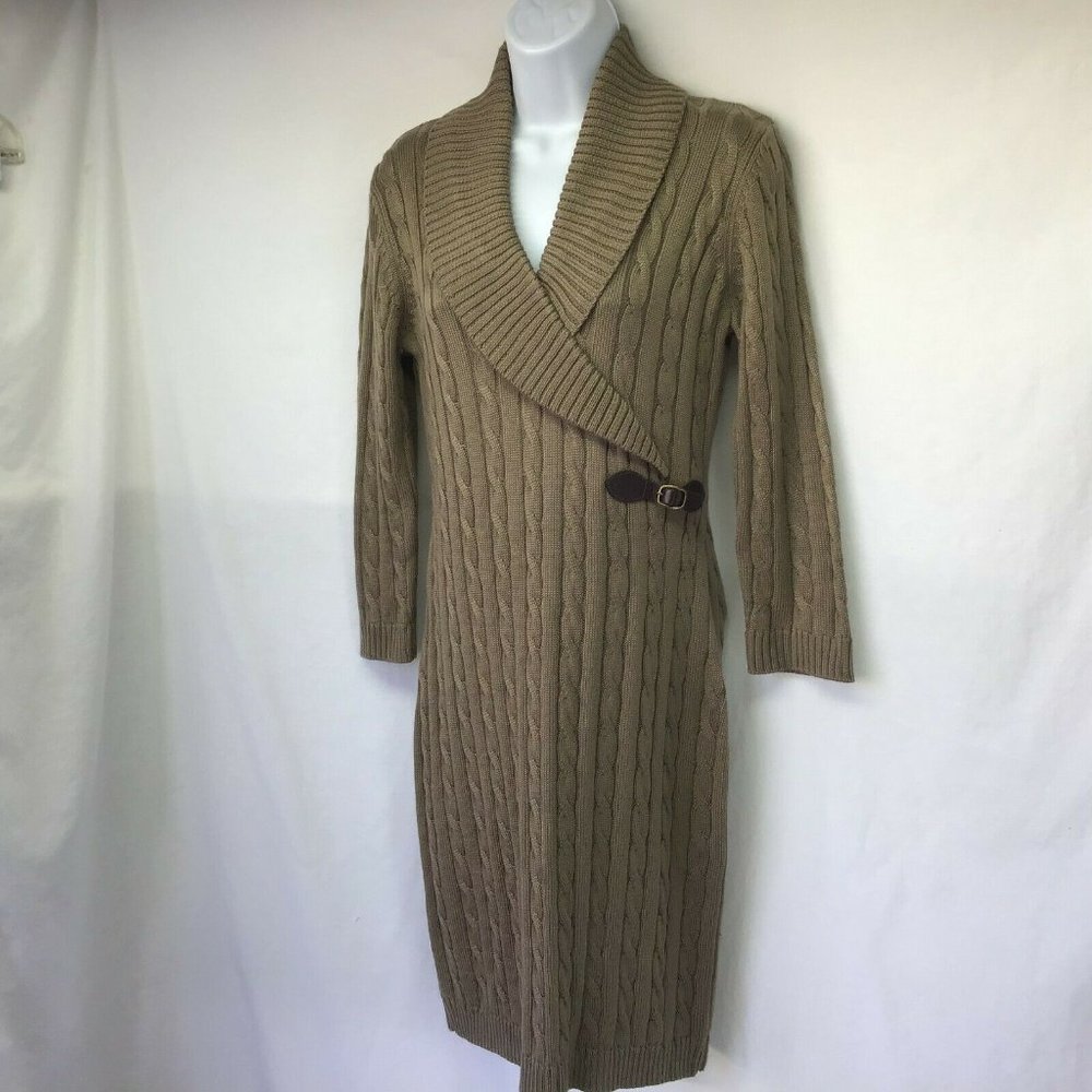 Calvin Klein Womens Brown Cable Knit Sweater Dress Faux Wrap Buckle Knit Dress M